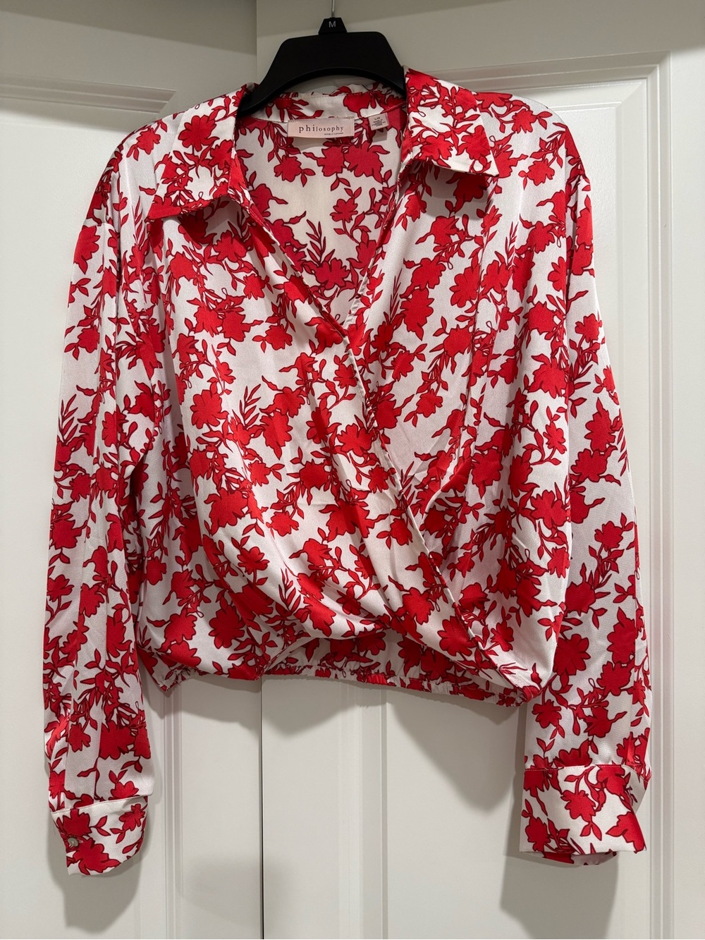 Philosophy Red & White Floral Wrap Blouse